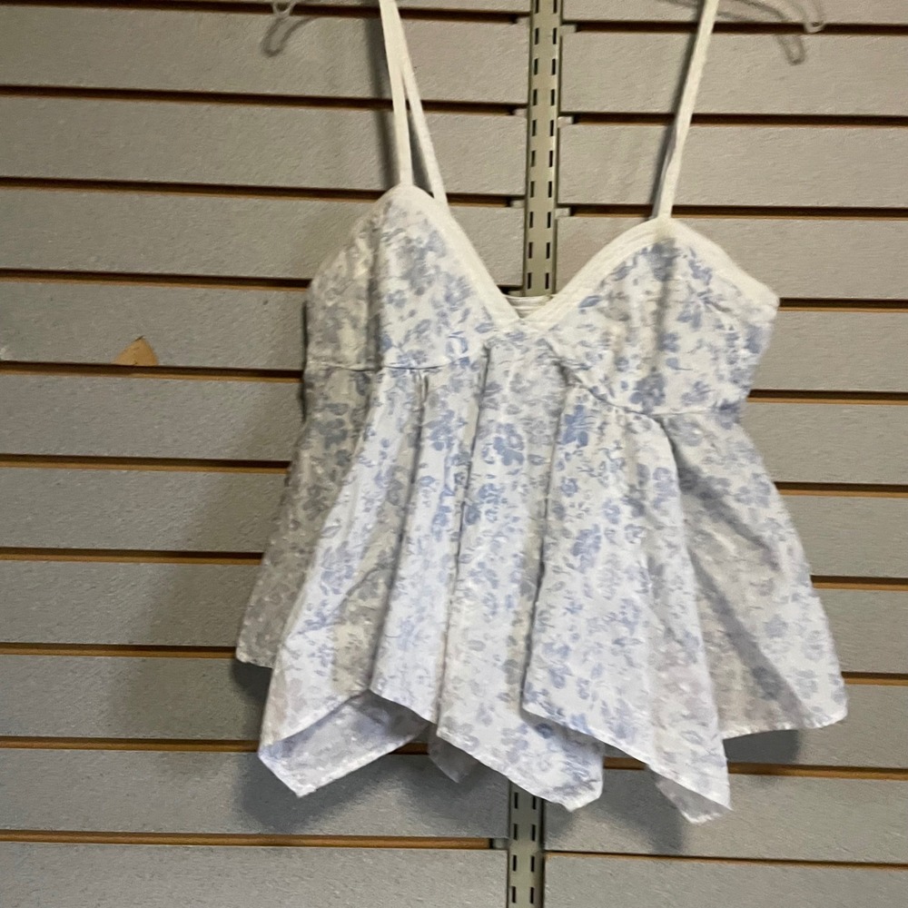 Moda International White Blue‎ Floral Print Ruffled Cami Top Size 12 Large
